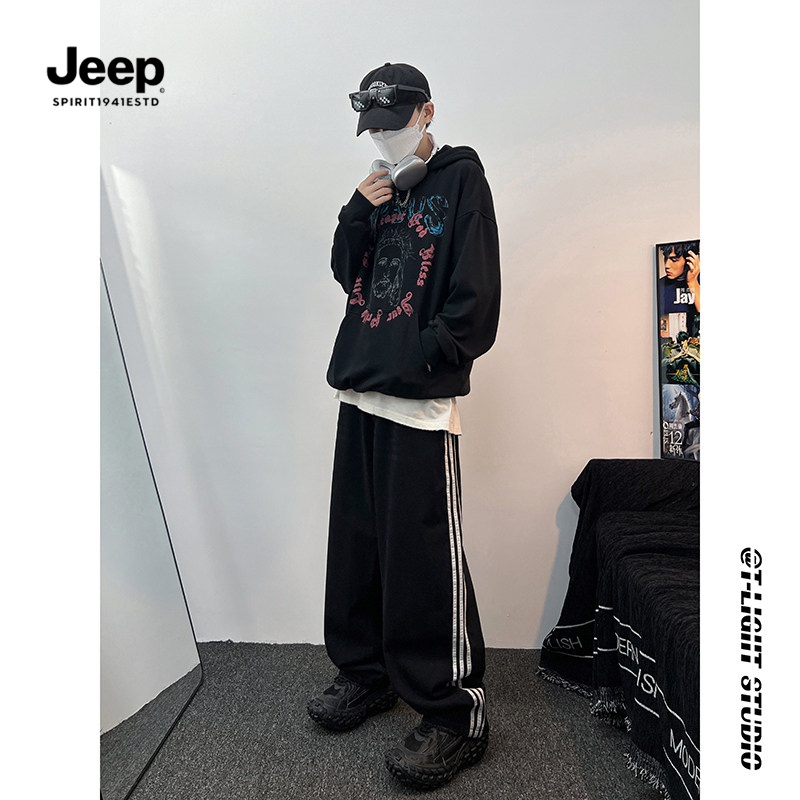 JEEP吉普巴黎神裤美式复古三条杠牛仔裤男款直筒宽松高街裤子工装