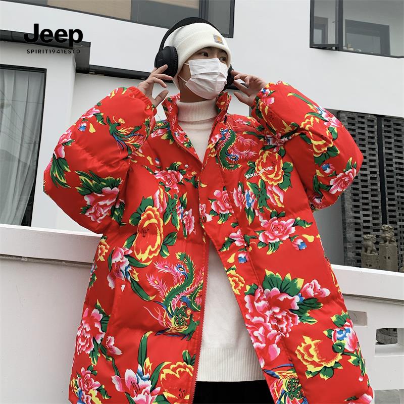 JEEP吉普东北大花棉袄男冬季牡丹花网红面包服外套休闲感农村喜庆