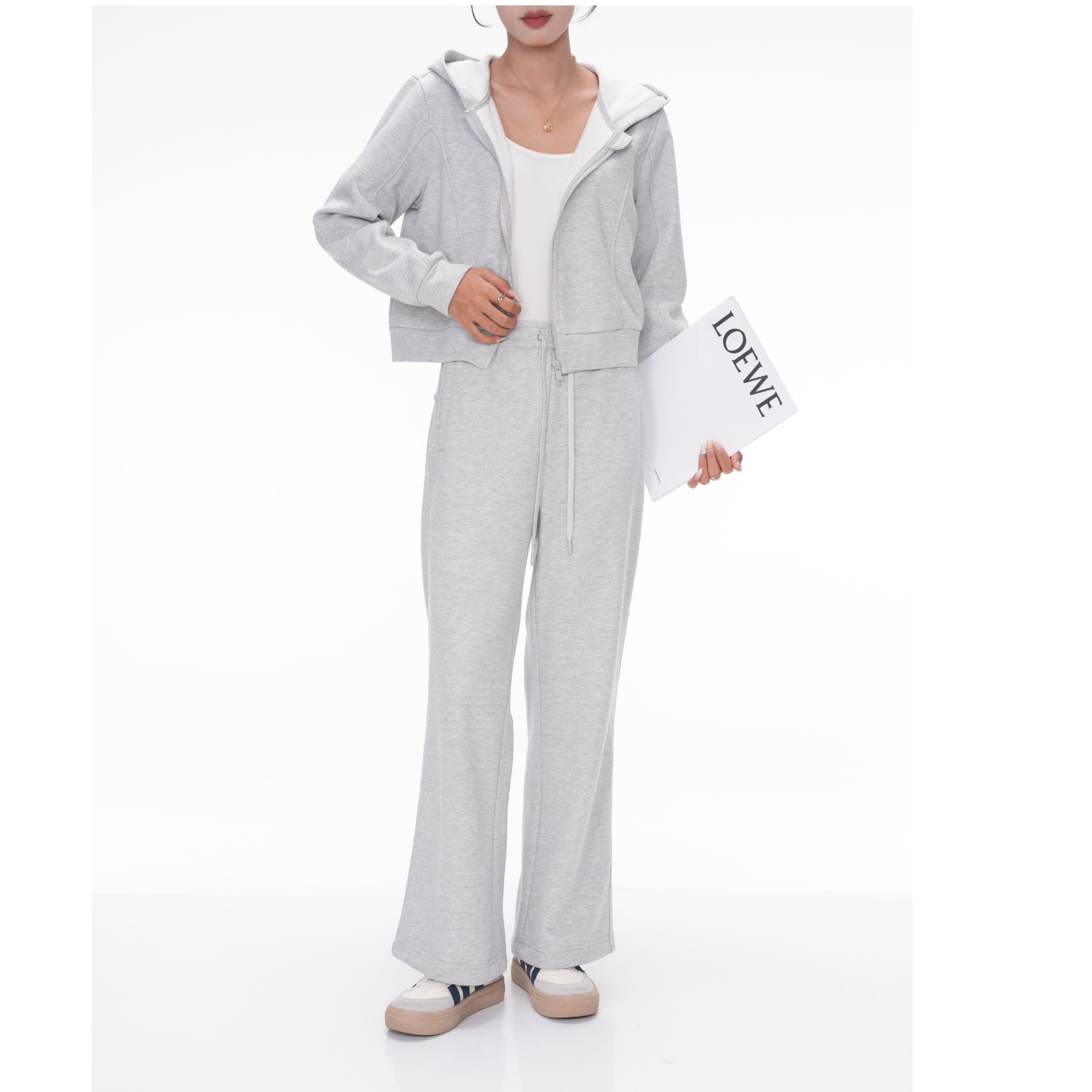 秋冬健身时尚休闲女士修身运动长袖连帽短外套阔腿裤套装