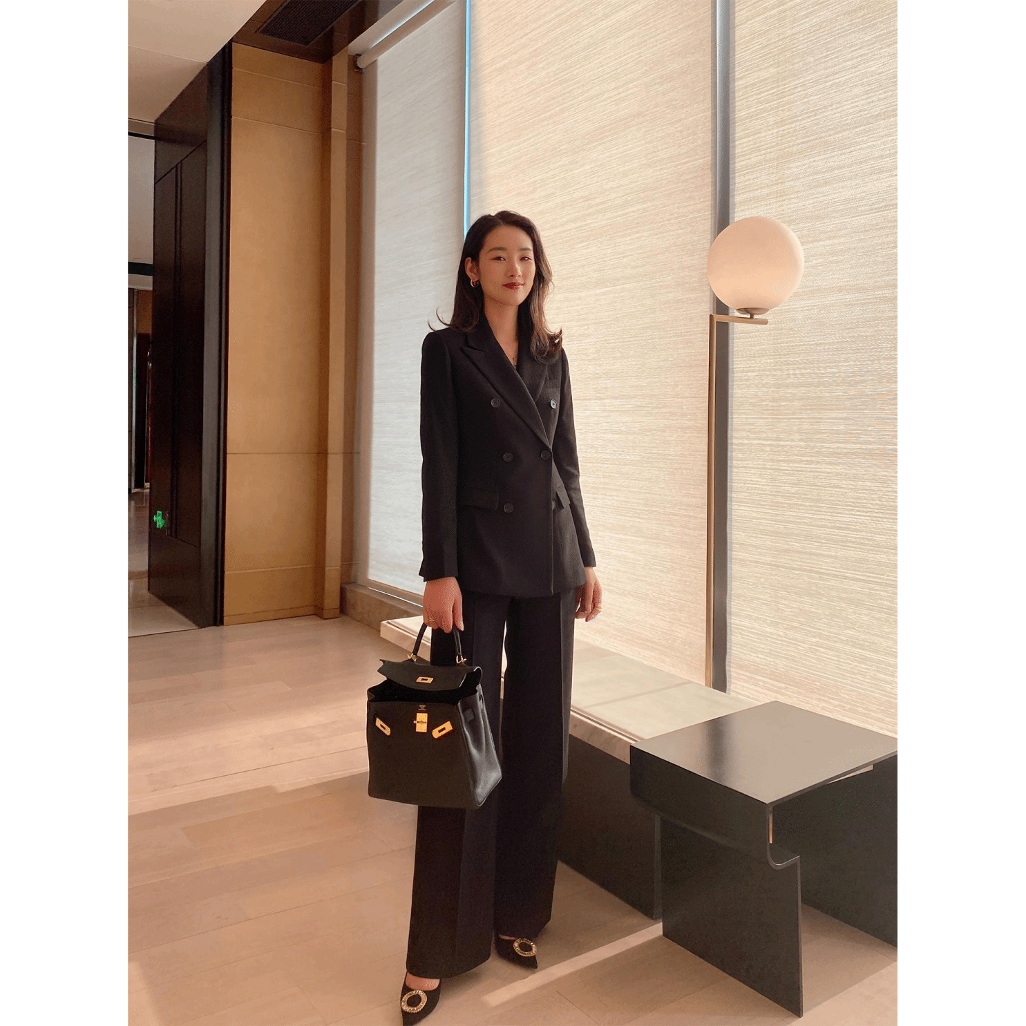 秋冬新款厚毛呢黑色西装修身直筒裤长裤职场通勤气质显高显瘦套装