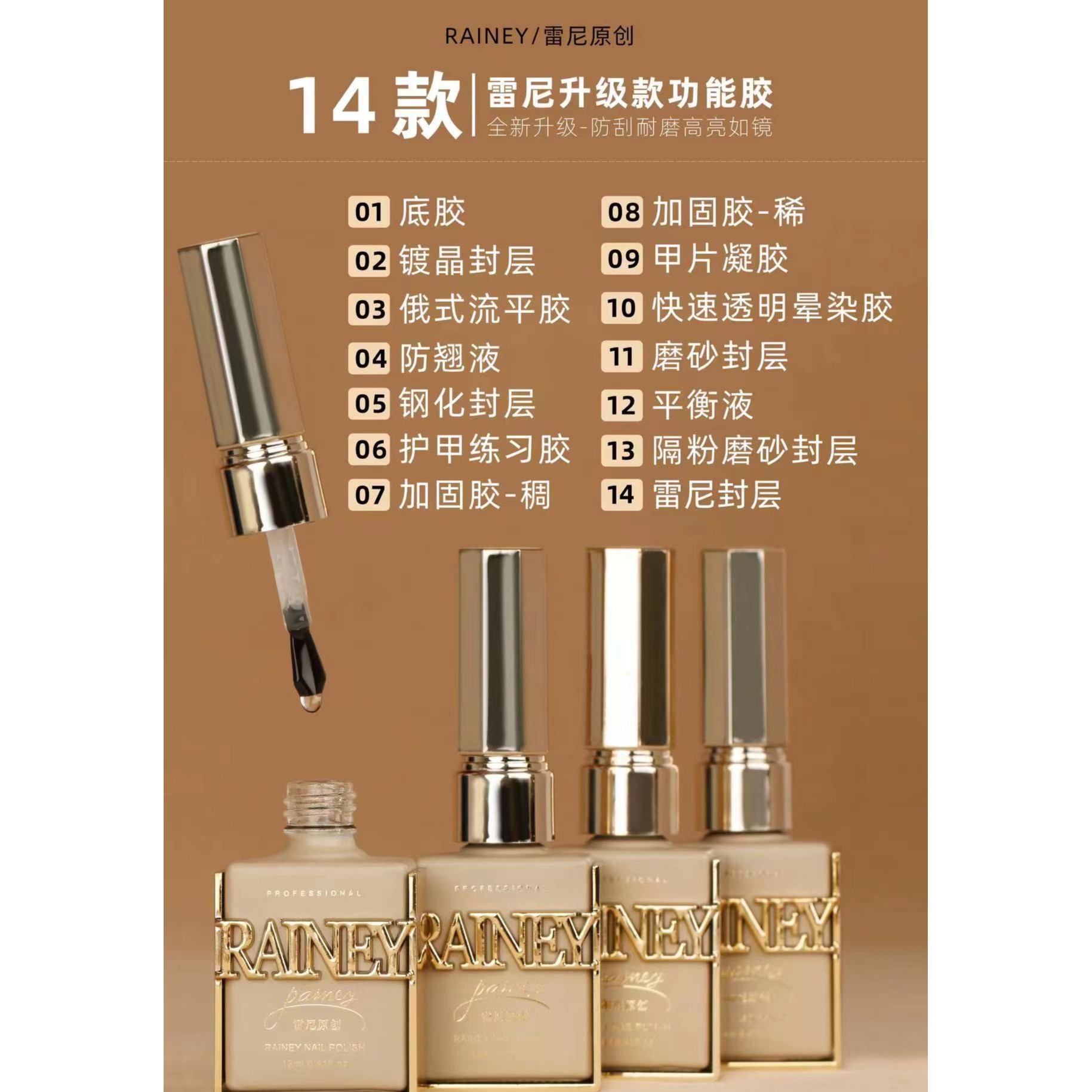 美博会新品雷尼原创2023新款美甲油胶功能胶封层俄式底胶镀晶钢化