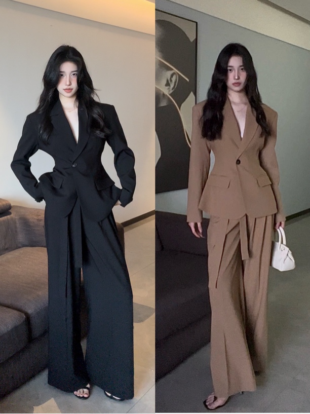 PANPANSTUDIO【麻辣女教】韩系通勤同款西服西装套装中长款阔腿裤