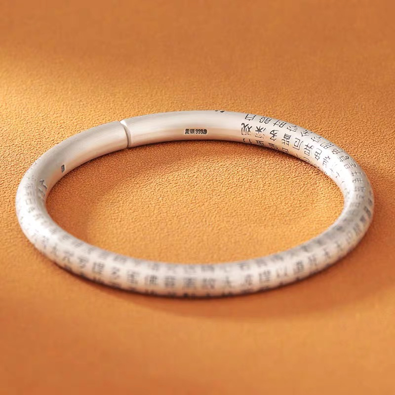 足银手镯 足银手镯 9999纯银复古民族风实心圆棍心经开口镯子