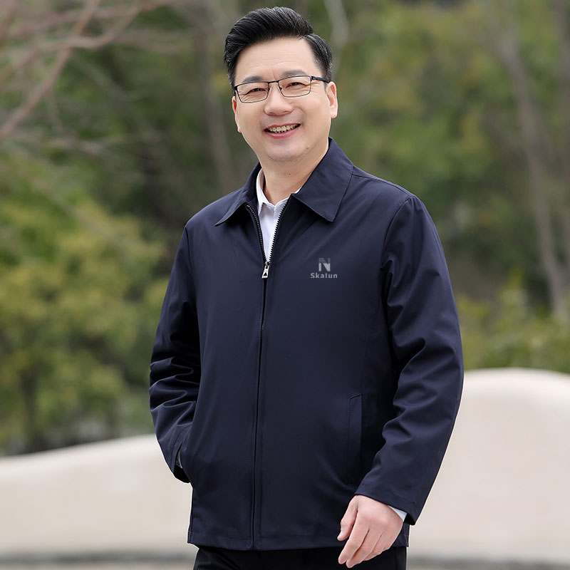 春秋季休闲男外套春秋款上衣中老年男装中年新款宽松翻领商务夹克