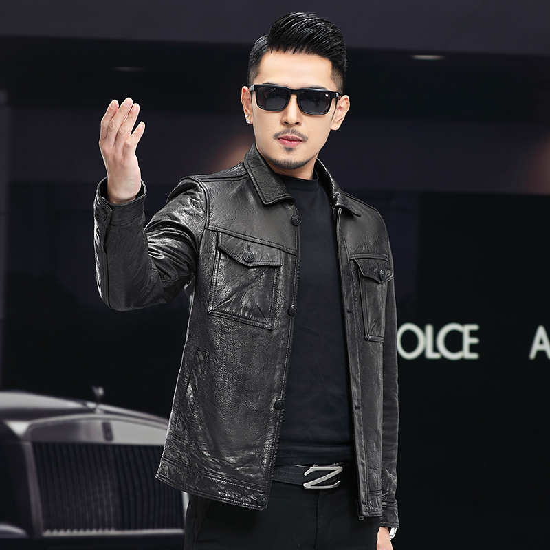babibao/巴比豹8261海宁男士真皮皮衣春秋休闲绵羊皮夹克翻领修身
