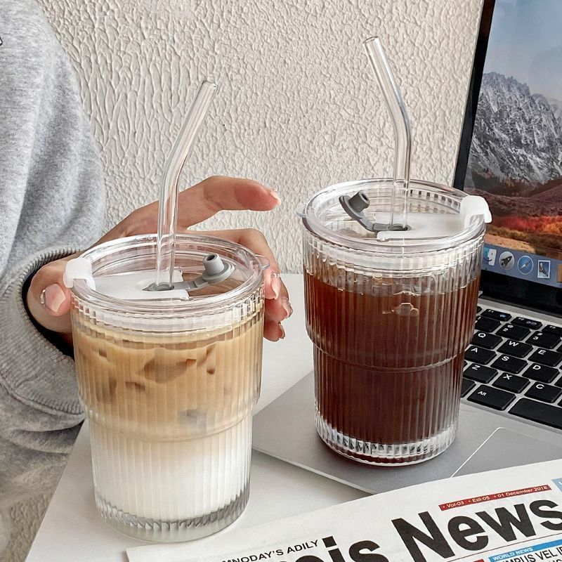 网红条纹杯玻璃吸管杯子透明带盖450ml大容量杯子ins简约随手水杯