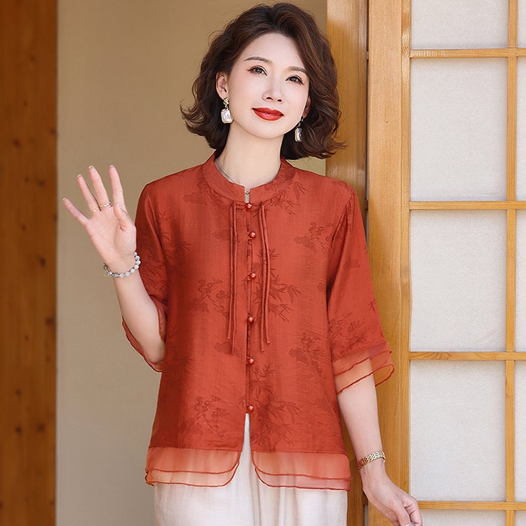 中老年妈妈新中式衬衫女装夏季2024新款上衣气质中袖减龄显瘦小衫