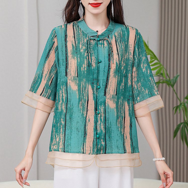 洋气妈妈装国风立领套装女宽松2024夏款中老年遮肉显瘦开衫两件套