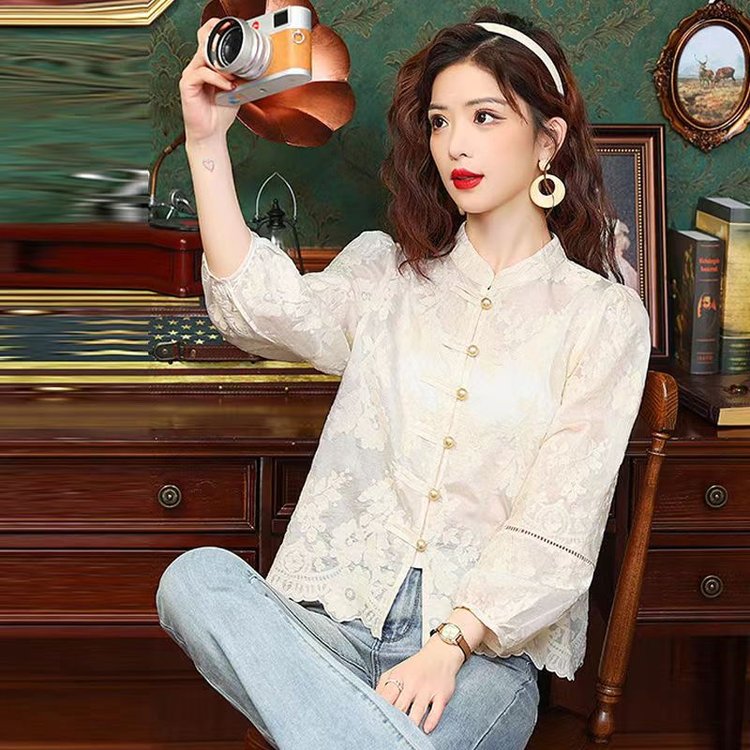 新中式国风长袖蕾丝衫女春夏甜美气质衬衫设计感百搭立领上衣时尚
