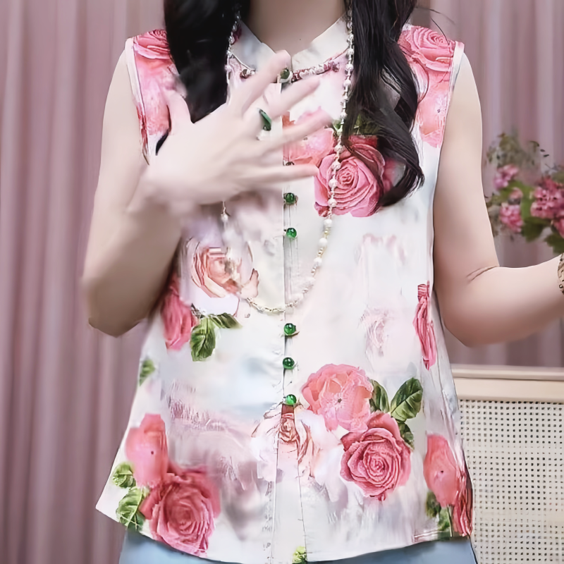夏季新中式无袖碎花马甲时尚百搭女士短袖气质印花女装透气上衣