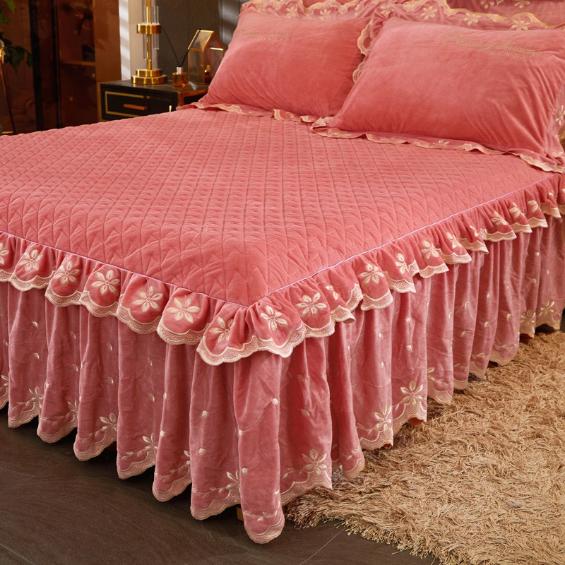 正版欧式加厚加绒宝宝绒床裙冬季保暖水晶绒夹棉罩床防滑床花边