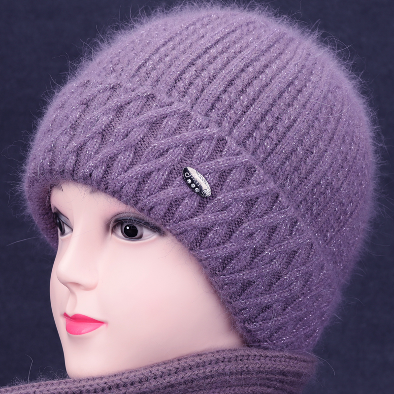 中老年秋冬天毛线帽老太太加厚保暖兔毛帽老人奶奶针织加绒棉帽冬