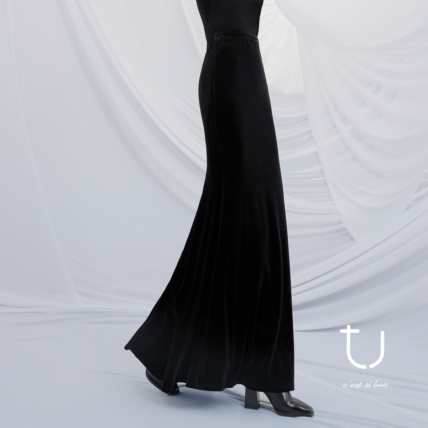 TU女装高腰弹力丝绒光泽感包臀鱼尾半身裙秋季新款百搭长裙子