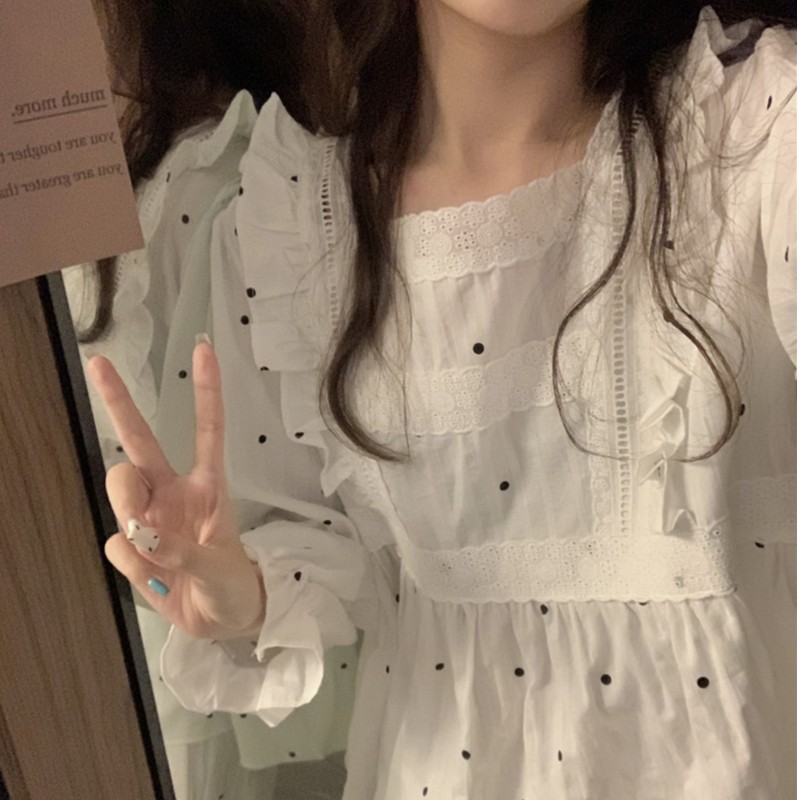 韩国ins可爱小波点睡衣女春秋季长袖荷叶边公主风家居服两件套装