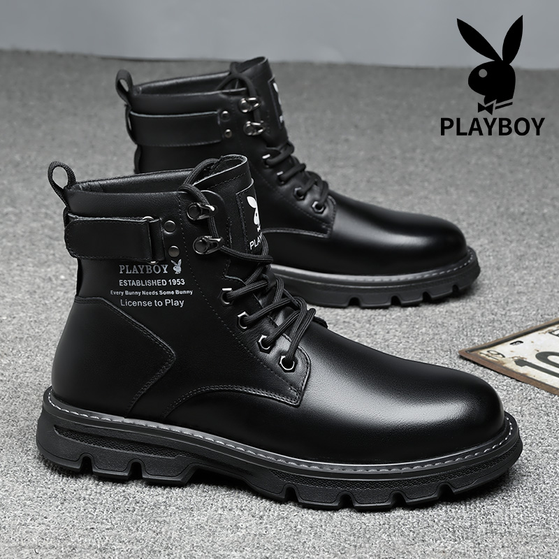 PLAYBOY马丁靴秋冬季透气男士真皮工装韩版英伦真皮雪地靴男鞋