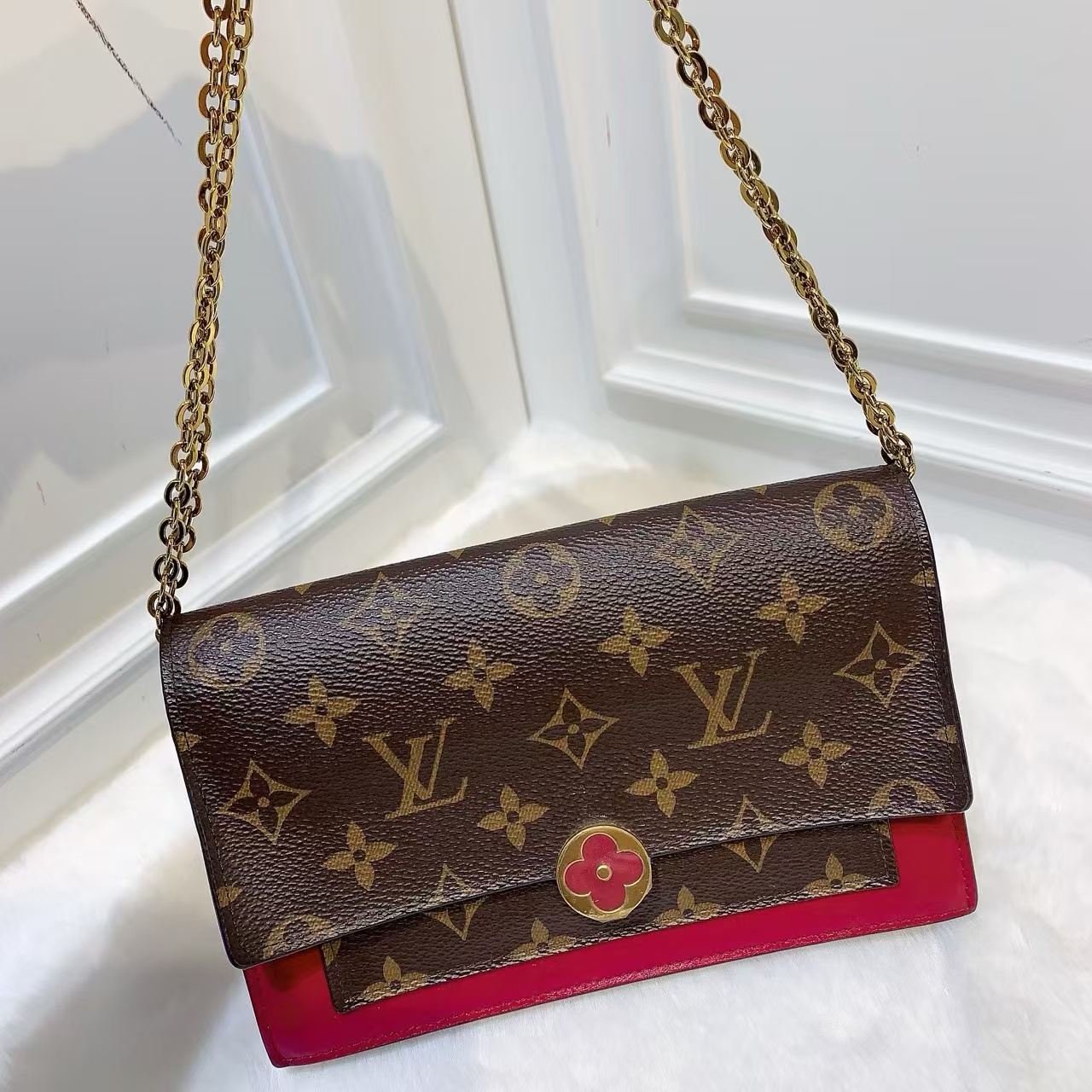 95新 LouisVuitton/路易威登 （铭）路易威登小花玫红色woc