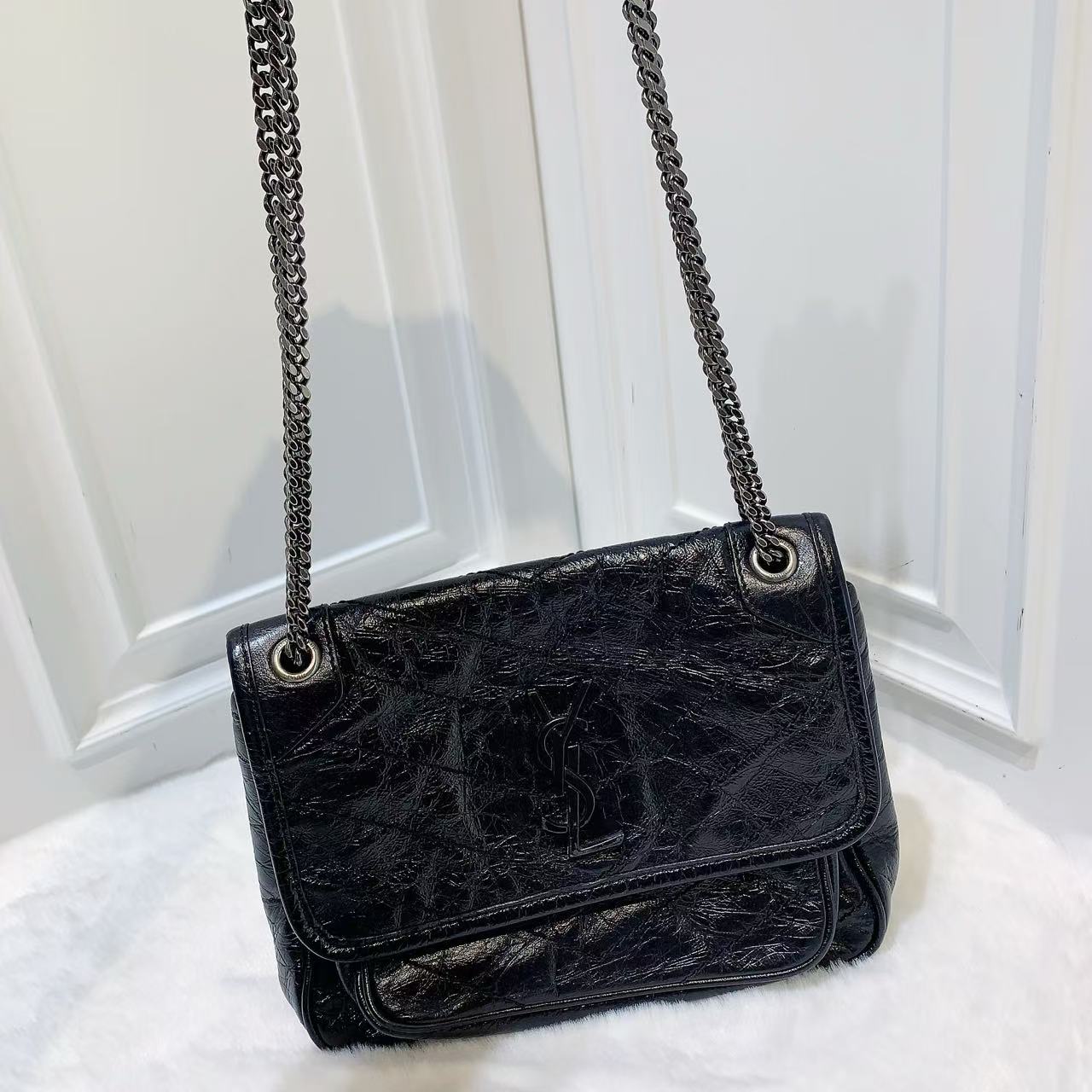95新 YSL/圣罗兰 （铭）YSL黑色银链niki小号