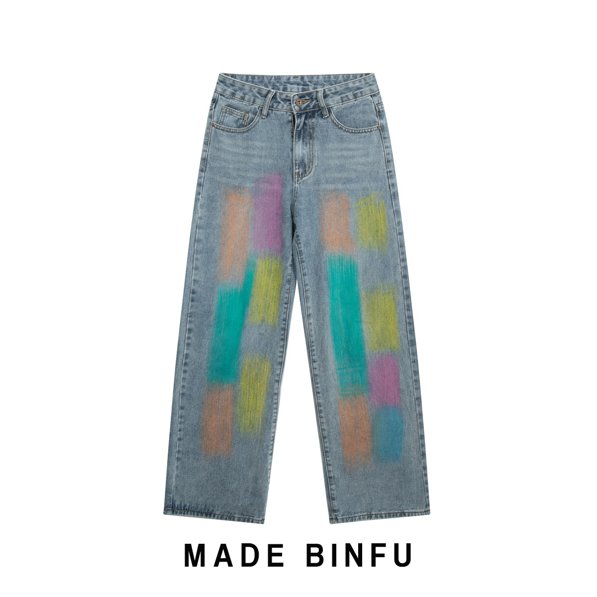 BINFU 美式ins潮潮流牛仔裤直筒复古风涂鸦浅蓝色牛仔长裤子1131