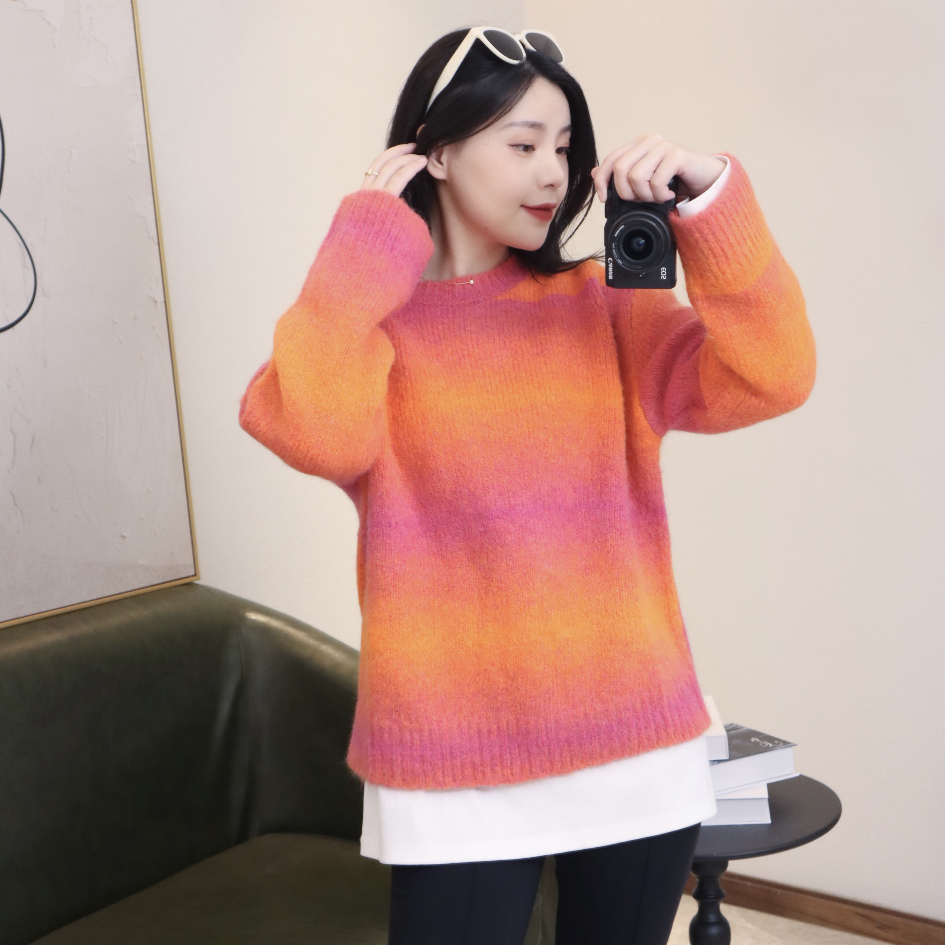 GIRDEAR/哥弟粗棒针复古渐变色宽松圆领宽松加厚针织毛衣1399651