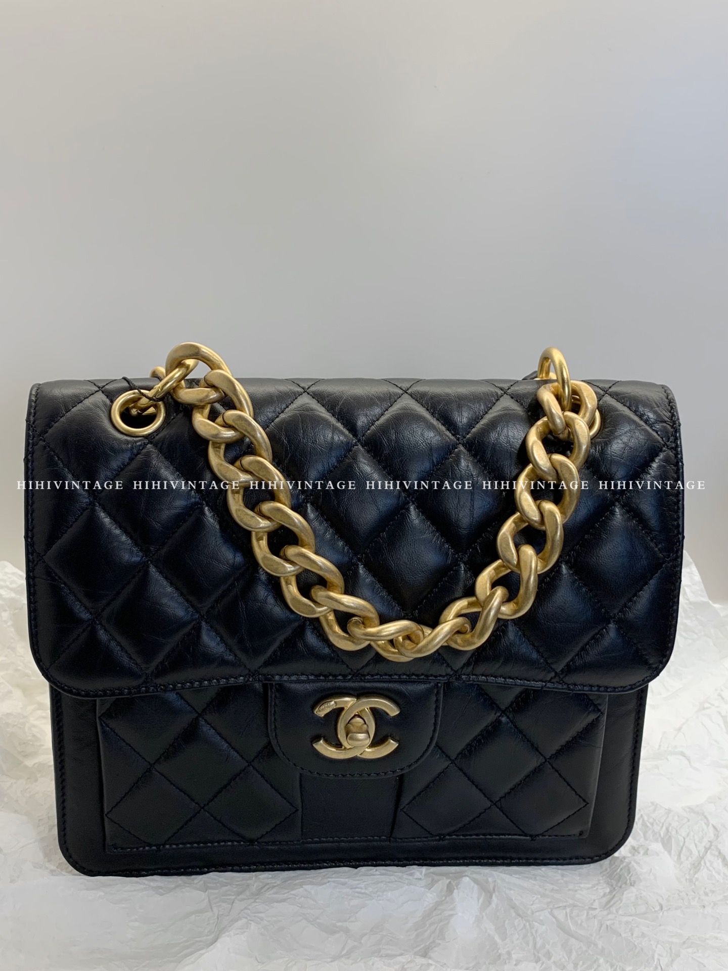 99新 Chanel/香奈儿 23S黑金菱格纹粗链条双肩包 芯片款