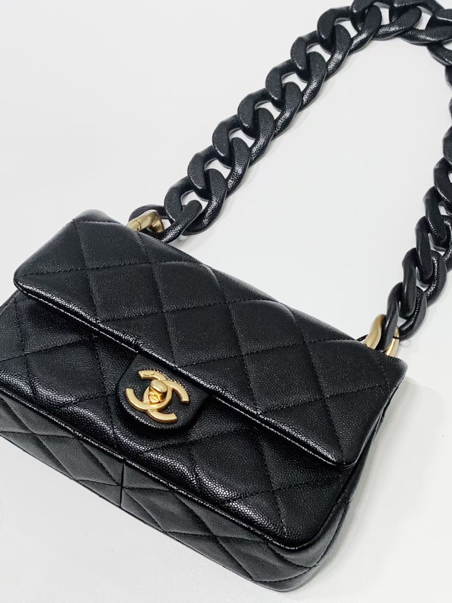 99新 Chanel/香奈儿 24P黑金荔枝纹CF粗链条腋下包