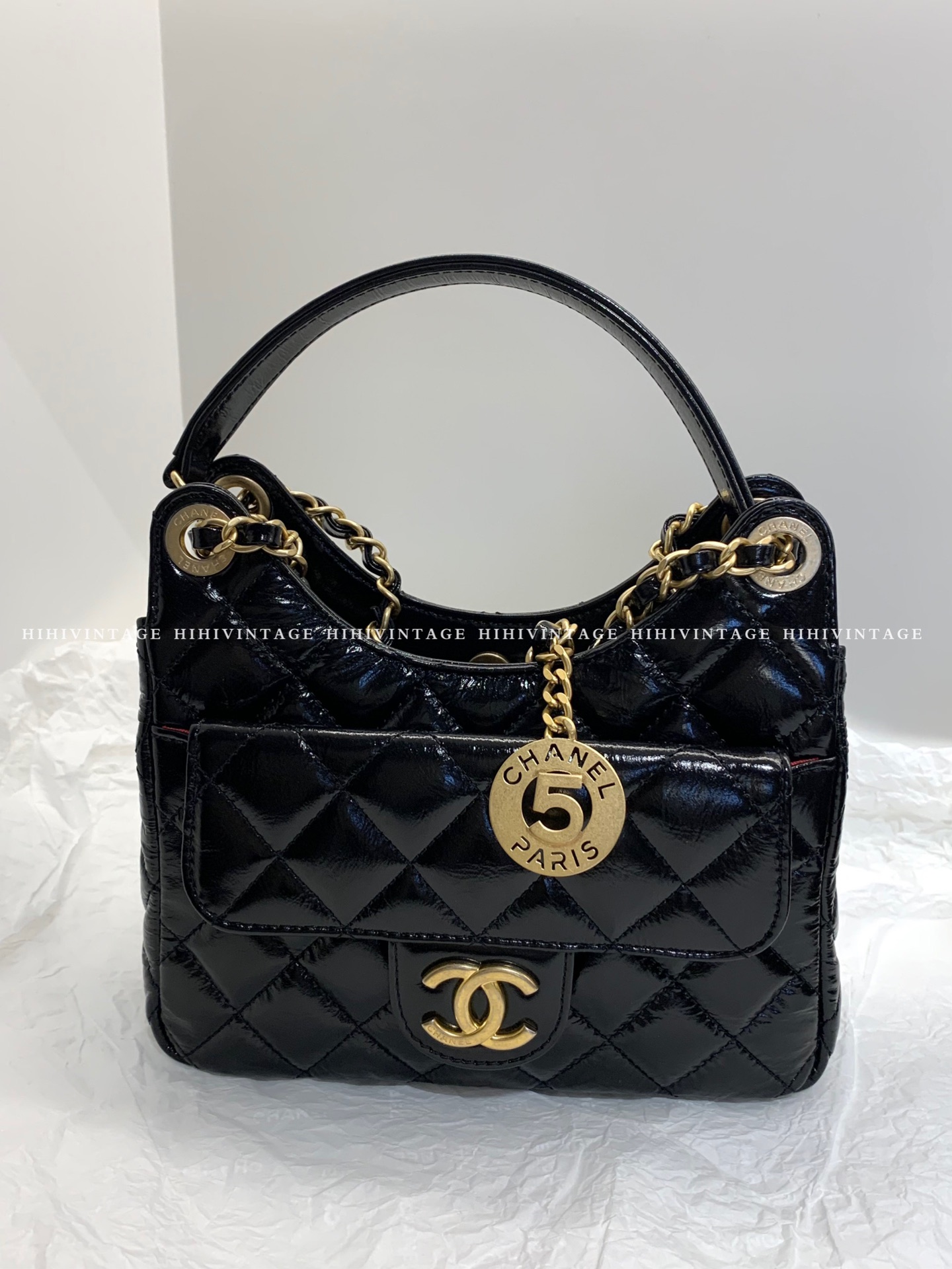 99新 Chanel/香奈儿 HIHI精选/黑金hobo油蜡皮链条包 小号