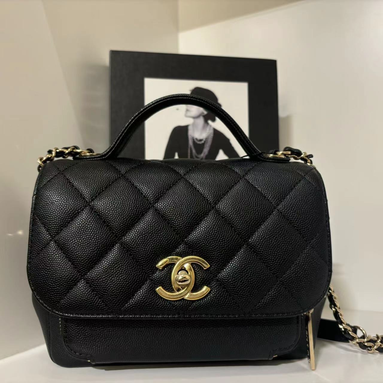 95新 Chanel/香奈儿 HIHI精选/ 黑金荔枝纹手提邮差链条包