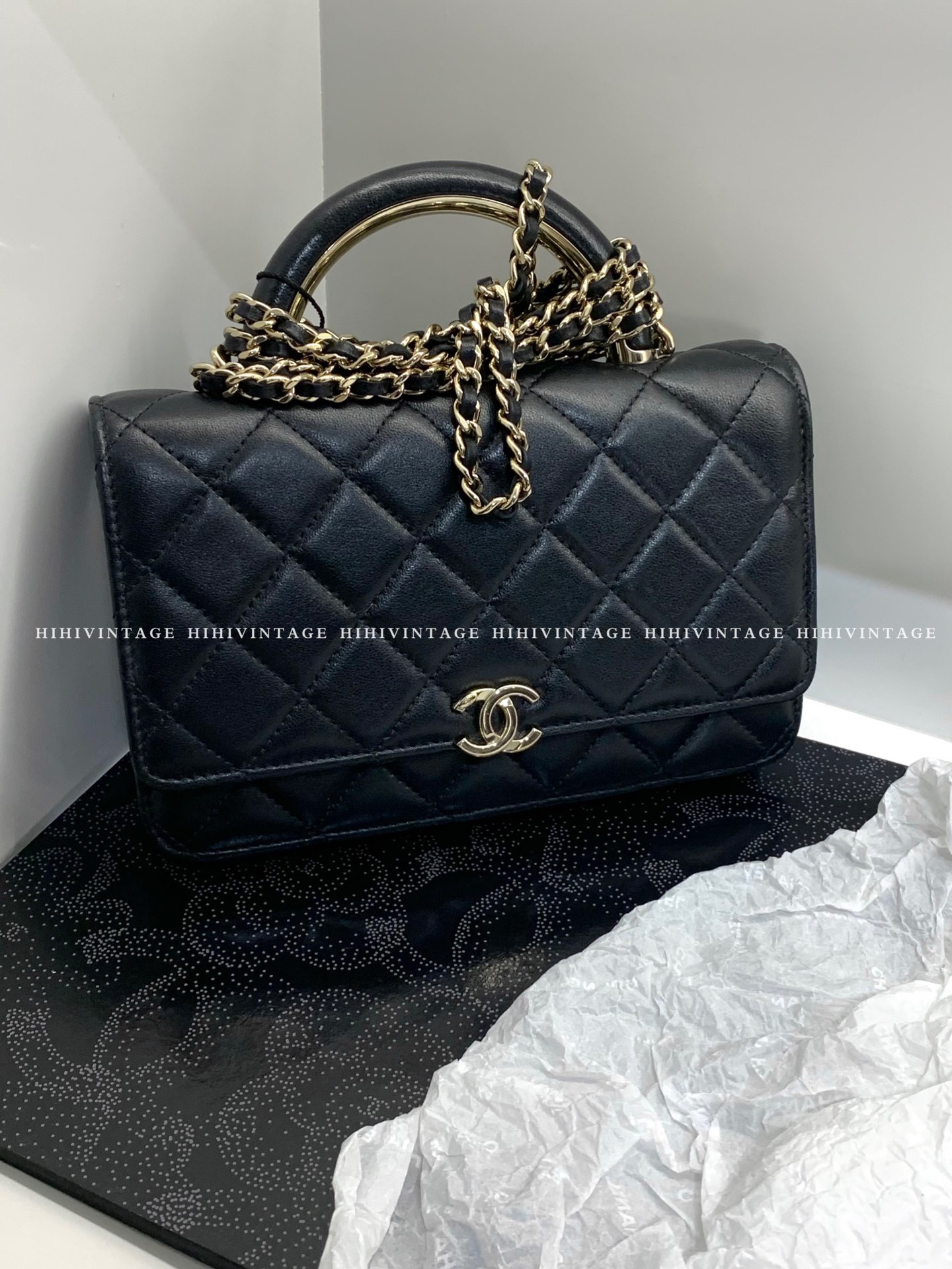 99新 Chanel/香奈儿 HIHI精选/22A黑金手柄woc 链条包 芯片款