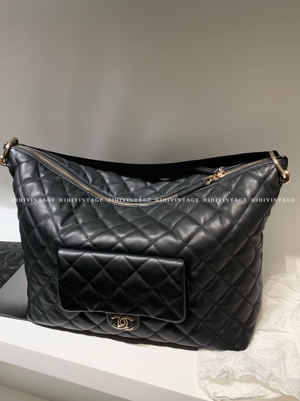 全新未使用 Chanel/香奈儿 HIHI精选/黑金光面牛大号hobo单肩包