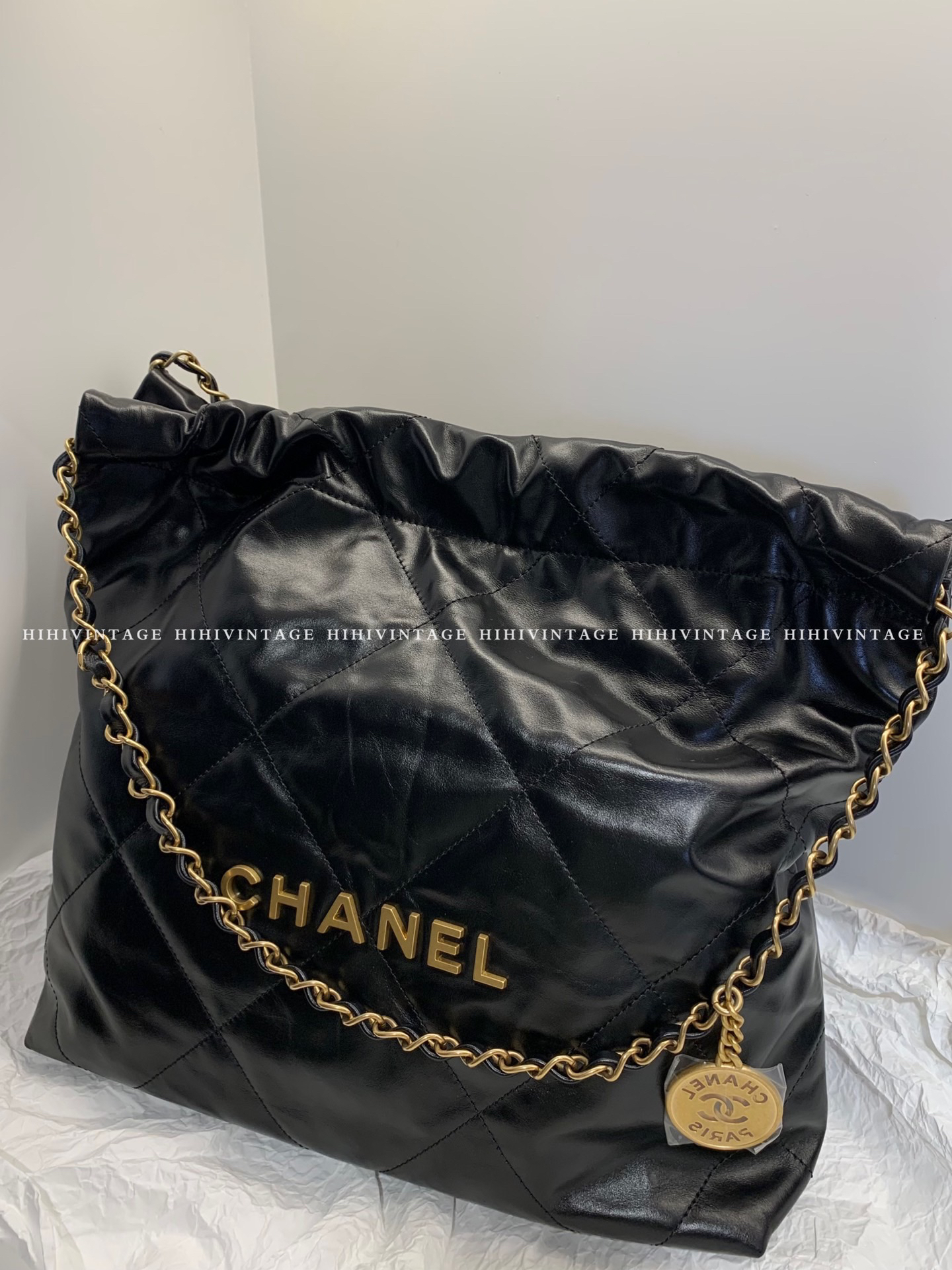 99新 Chanel/香奈儿 HIHI/23C黑金小号22Bag芯片款/10164991
