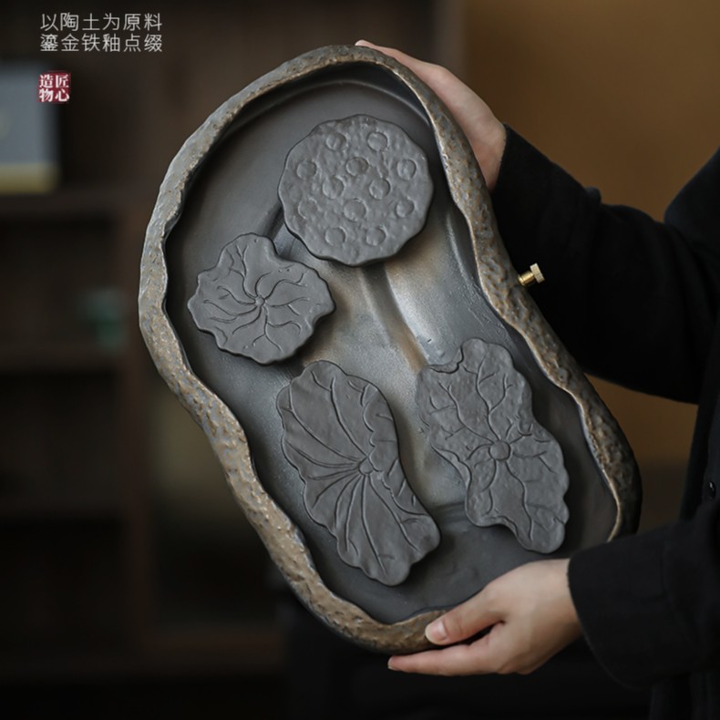 粗陶家用储水茶盘陶瓷功夫茶具干泡台排水式茶具老陶泥四莲茶盘