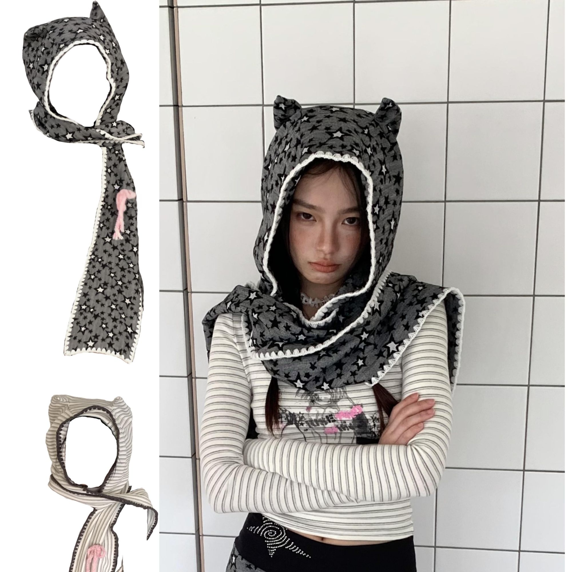 春日野too韩系复古冬季原创恶魔角围巾帽 可爱花边两色多重穿戴法