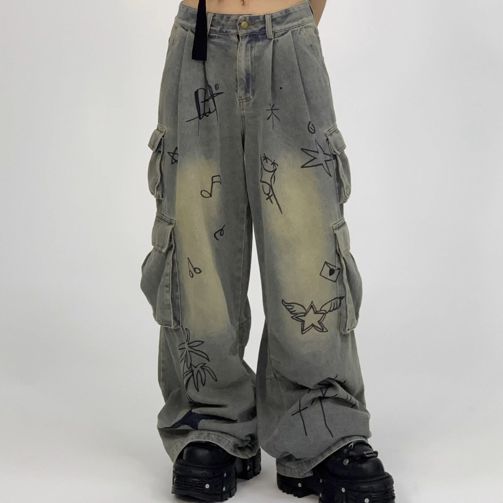 春日野too原创复古美式低腰廓形涂鸦y2k小众设计辣妹显瘦牛仔裤女