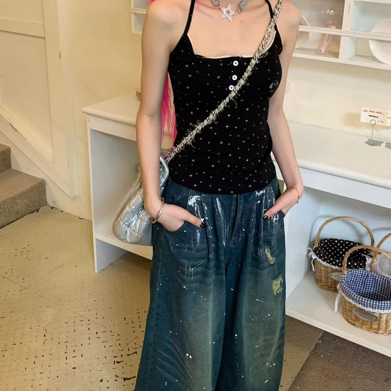 春日野【版型超好！】水洗感很重的烫银泼墨复古高低腰老爹牛仔裤