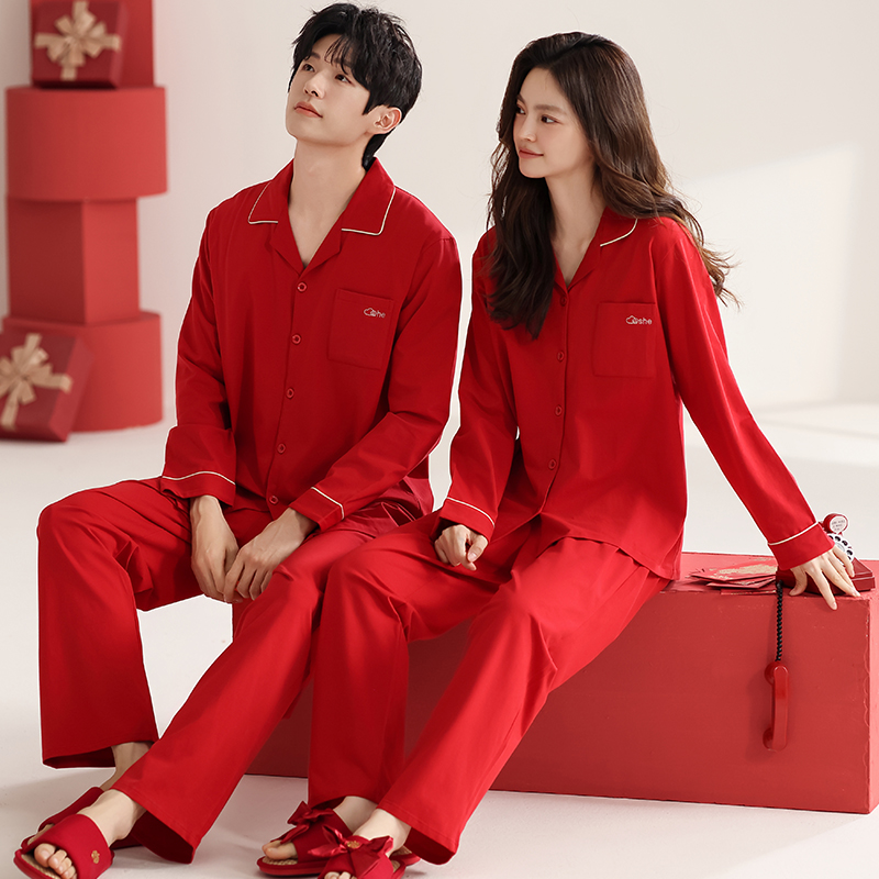 芬腾可安2024春秋新款纯棉红色本命年睡衣长袖长裤情侣家居服套装