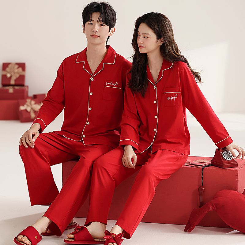 芬腾可安2024春秋新款本命年纯棉睡情侣大红色家居服套装过年新庆