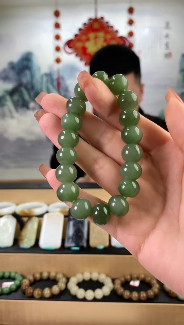 【闪购商品】和田玉手串未镶嵌12mm左右碧玉算盘珠