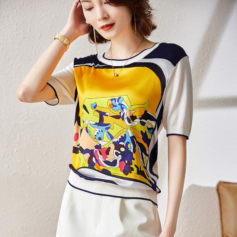 【2025夏季新款】达 21480桑蚕丝拼接夏爽丝印花T恤时尚百搭