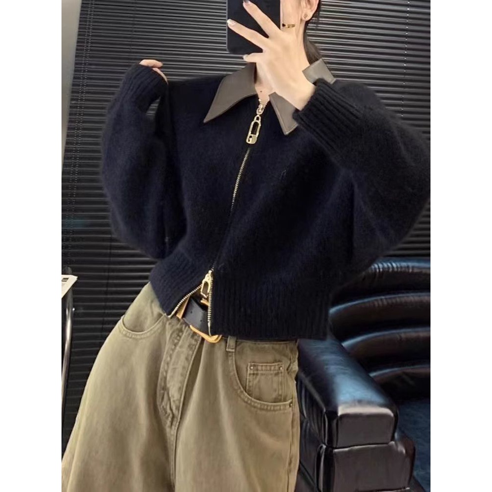 2023洋气拉链宽松慵懒风毛衣外穿针织开衫厚秋冬上衣女美拉德高级