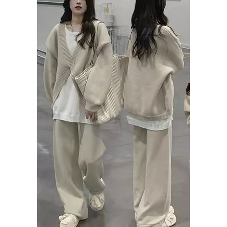 2023秋冬季新款高级设计感毛衣搭阔腿裤两件套微胖女生穿搭套装女