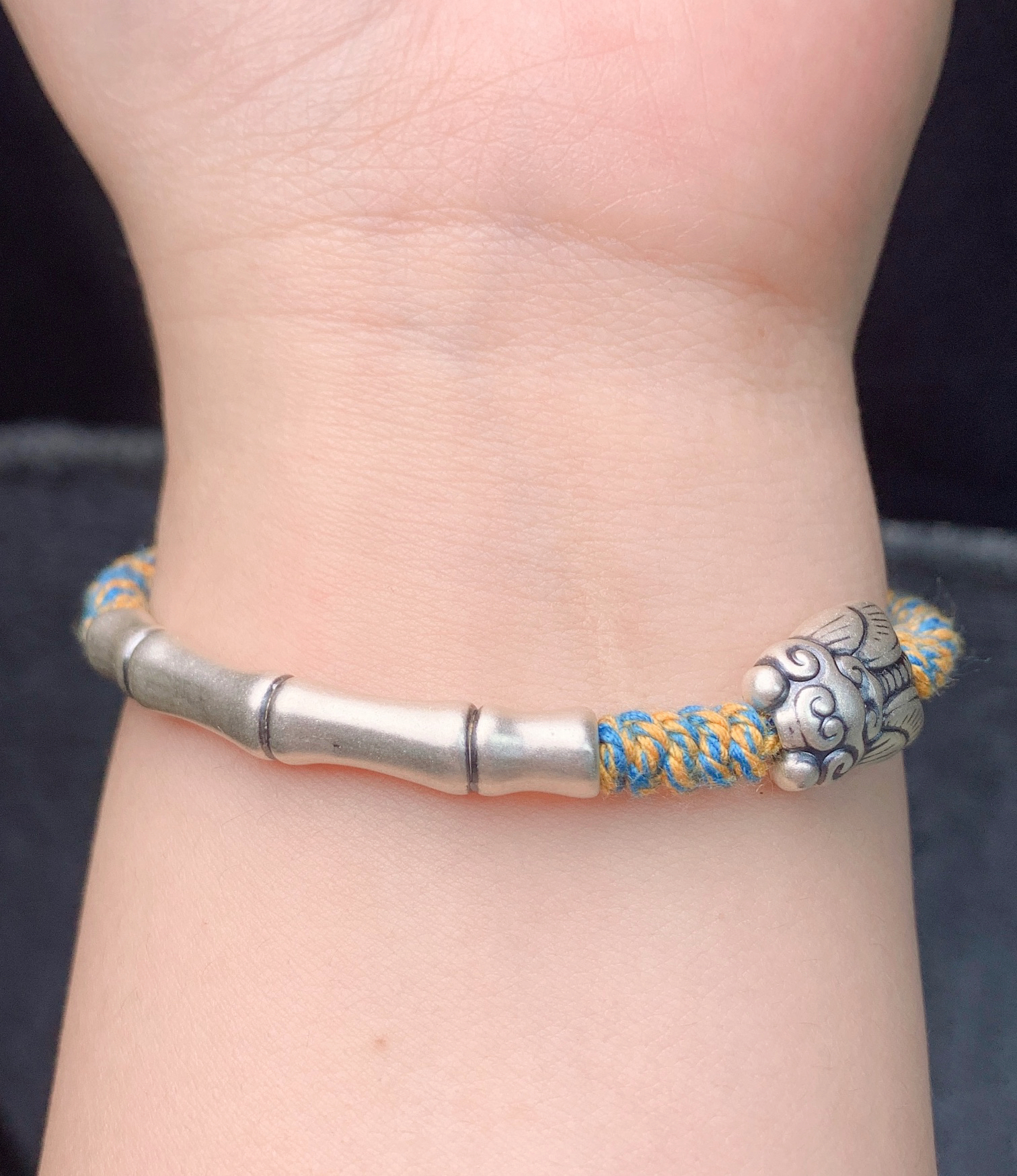 足银手链 足银999竹节蝉搭配925光珠纯手工编织精美手绳