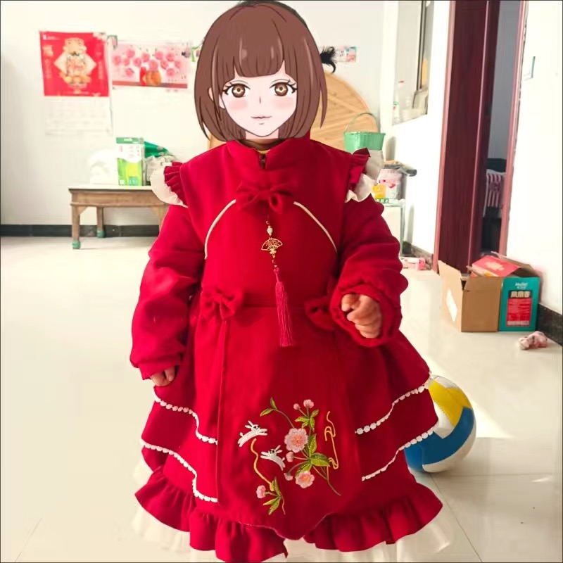 女童新款加绒洋气洛丽塔公主裙儿童中式喜庆周岁礼服宝宝红色年服