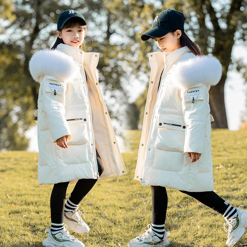 儿童羽绒服女童中长款2023新款三防冬季加厚毛领女中大童洋气外套