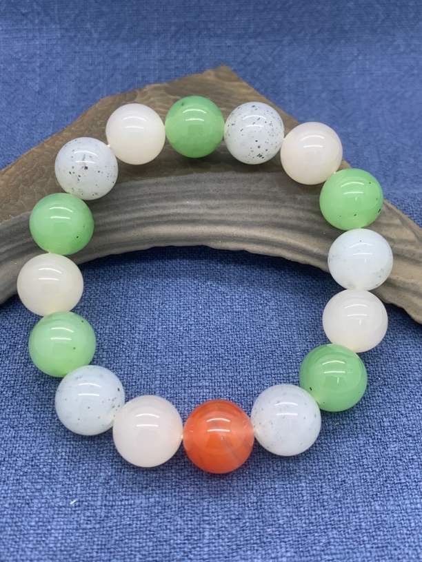 和田玉多宝色配南红玛瑙珠手链，12号