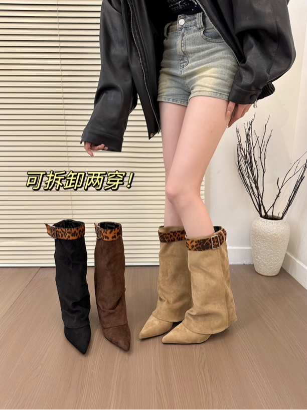 titing辣妹欧尼！时髦豹纹尖头坡跟裤管靴女秋可拆卸皮带扣中筒靴
