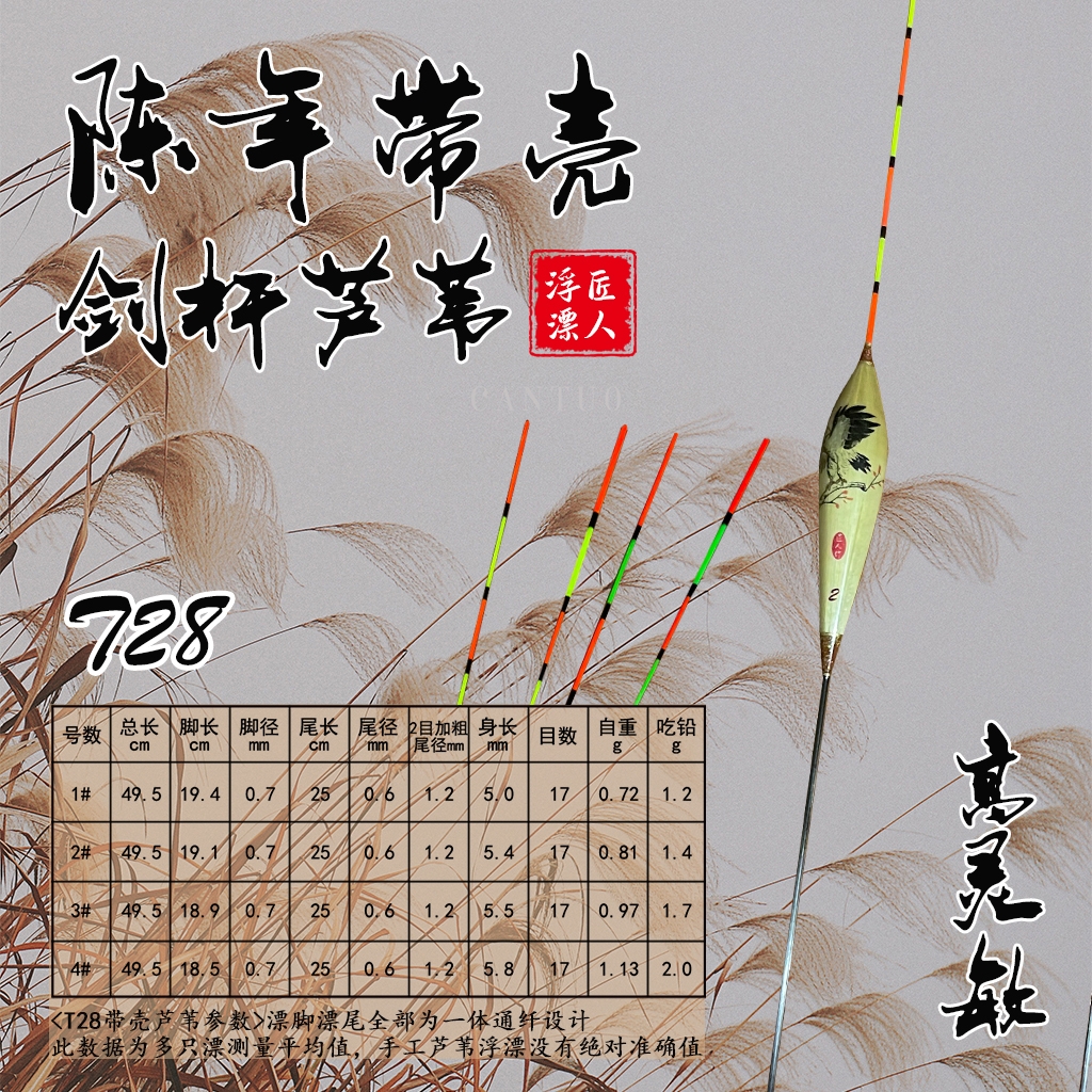 匠人作T28手工彩绘芦苇浮漂黑坑偷驴抗走水行程正钓长枣核型浮漂