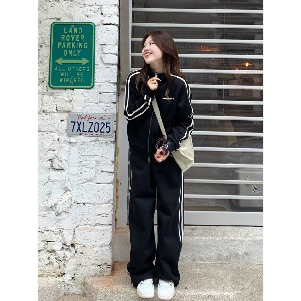 百搭OOTD港风复古休闲运动服套装女秋季显瘦跑步外套长裤两件套潮