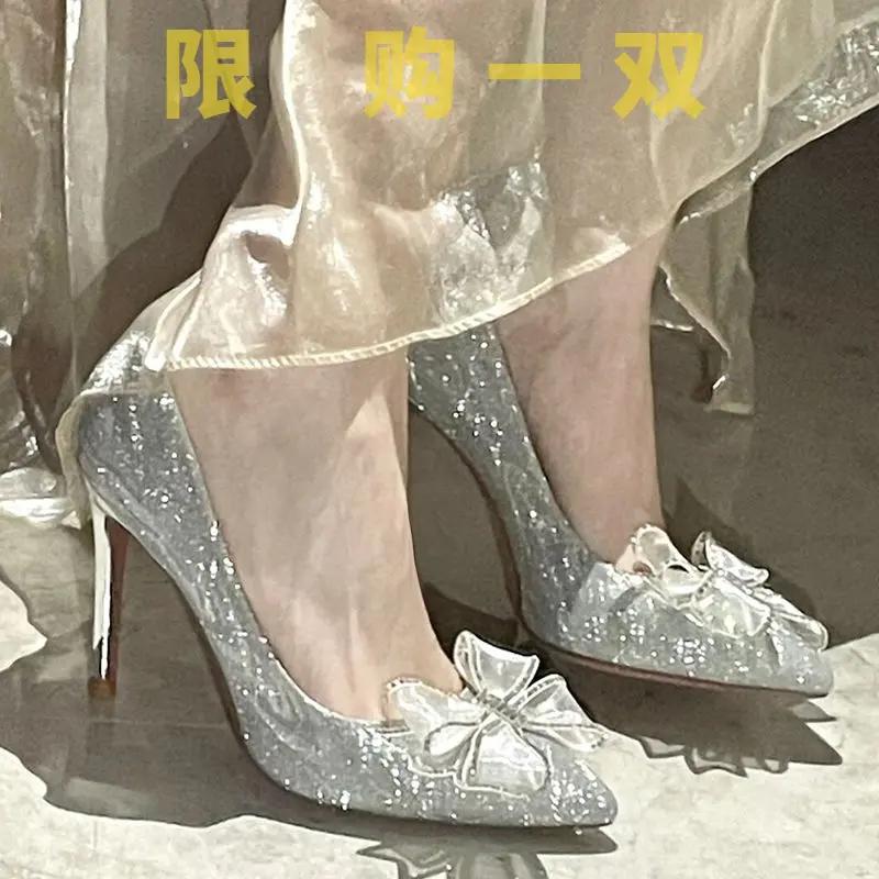 日系水晶鞋2023春秋新款银色婚鞋水钻蝴蝶结尖头高跟鞋yy