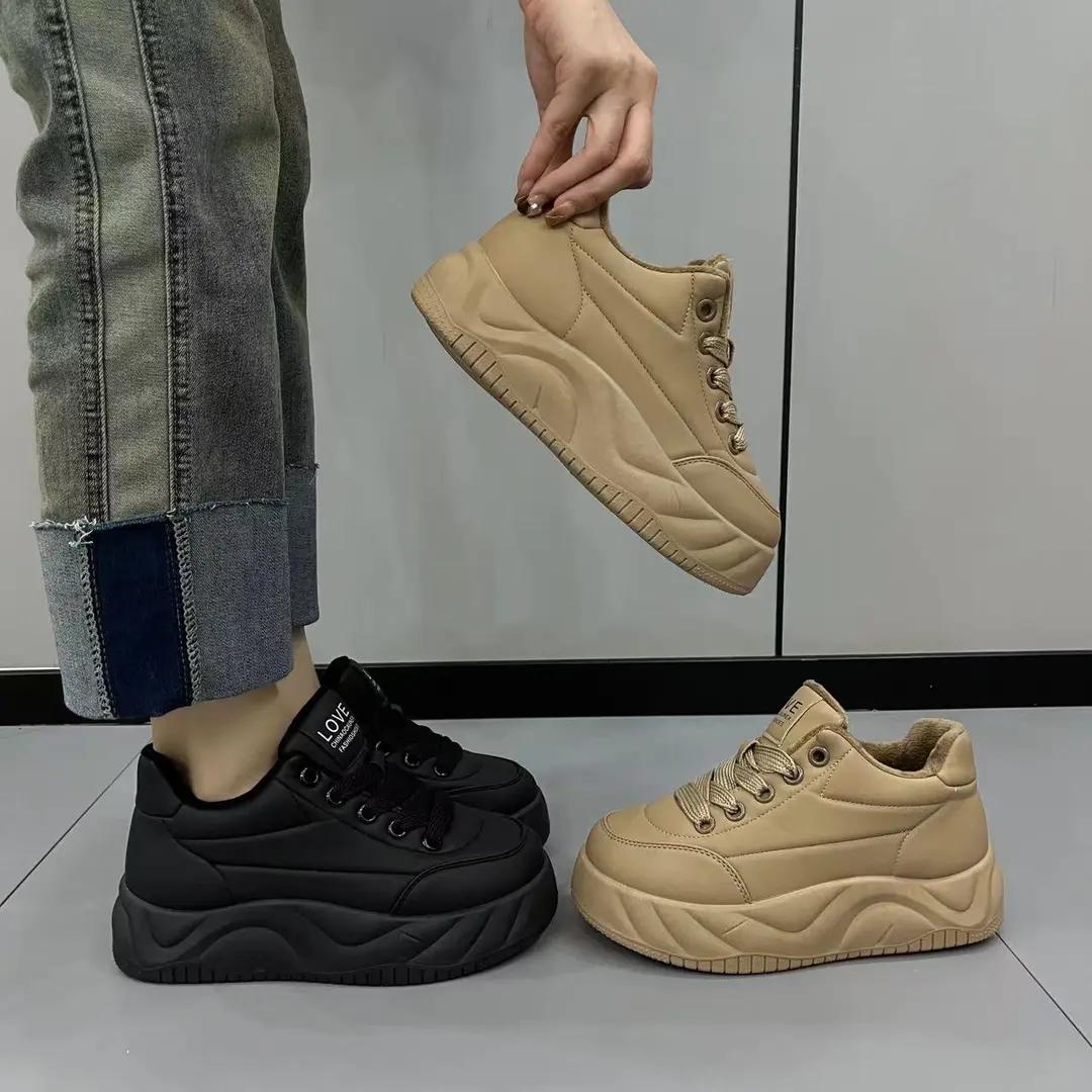 明星同款厚底面包鞋2023秋冬季加绒韩版百搭真皮软底休闲