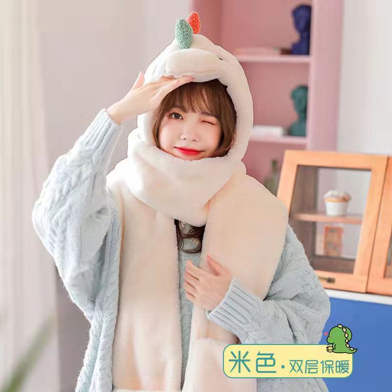 可爱女保暖帽子围巾手套一体冬季恐龙毛绒护耳连帽围脖韩版三件套